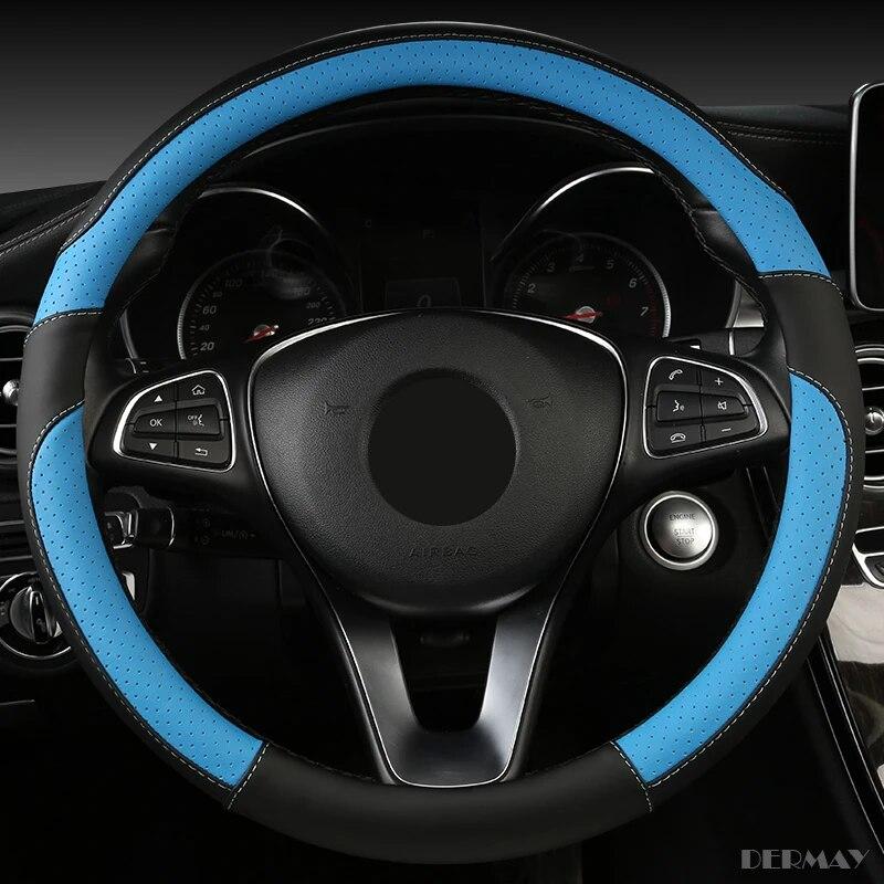 DERMAY  New Car Steering Wheel Cover PU Leather M Size Fit Standard Steering Wheel 37-38cm(14-15") Non-slip & Easy Install