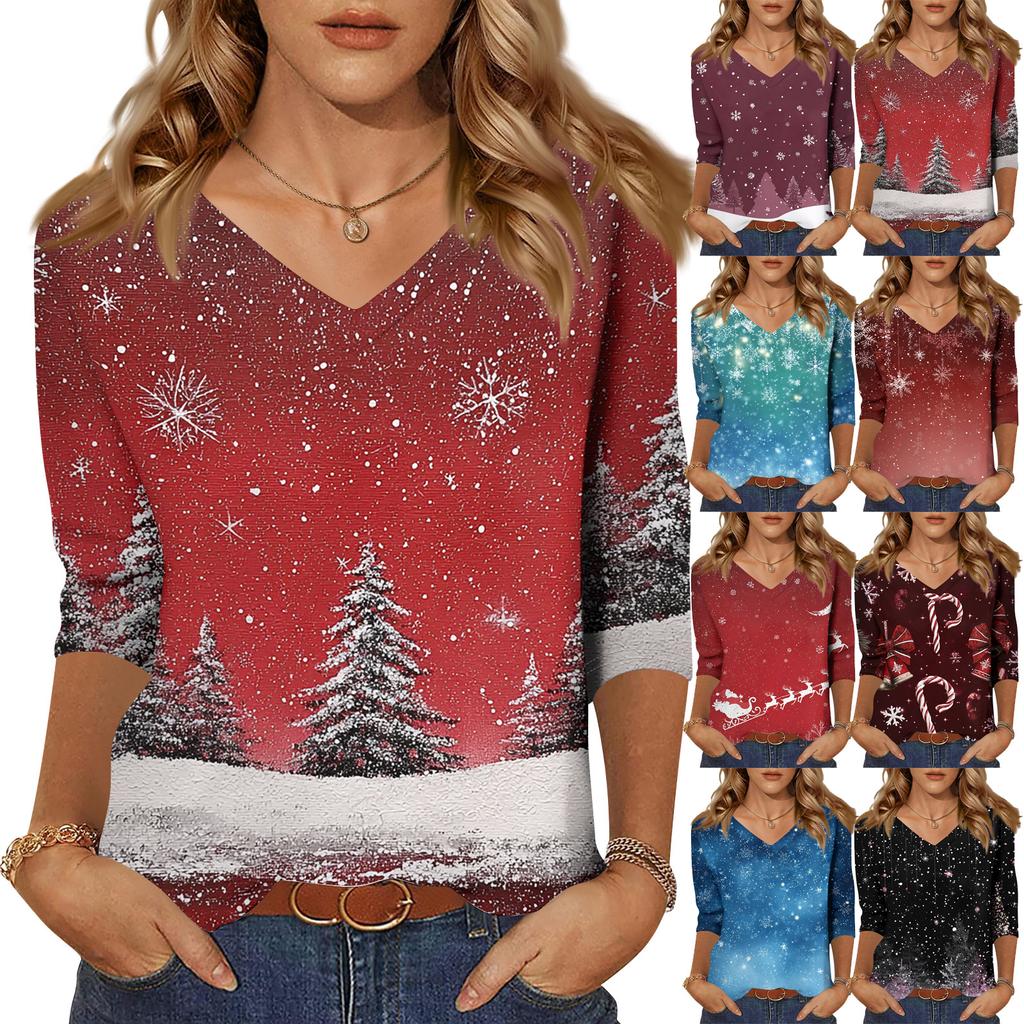 Women's T Shirt CHristmas Print 3/4 Sleeve Daily Weekend Fashion Basic V- Neck Regular Top