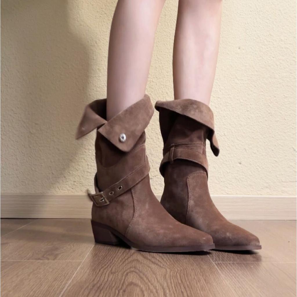Retro pointed Martin boots women's thick heel thin belt buckle thin medium boots western cowboy boots
