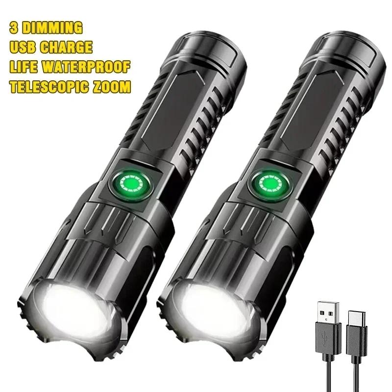 Power LED Flashlight USB Rechargeable Super Powerful Flashlight Tactical Emergency Spotlight Telescopic Zoom Camping Flashlight