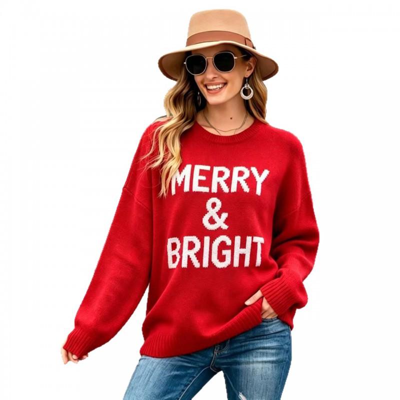 Womens Christmas Sweater Loose Fit Round Neck Knit Pullover With 3D Holiday Print Winter Casual Top