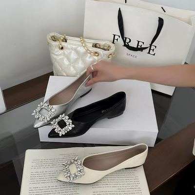 Pointed Single Shoes Women's Spring and Autumn Shallow Mouth Shoes Rhinestone Black Women's Temperament Flat Bottom Ladyshoes