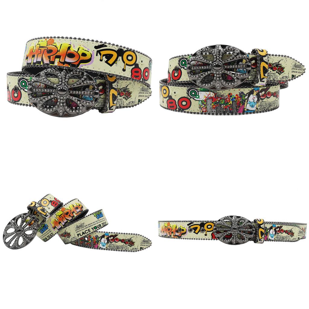 Crow Rhinestone Buckle Head Hook Printing Graffiti Casual Personalized Belt Belt European and American Versatile