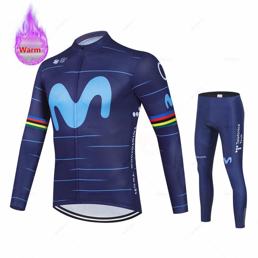 New 2025 Bicycle Winter Cycling Clothes Movistar Long Sleeve Clothing Riding Jersey Set Mtb Thermal Fleece Maillot Ropa Ciclismo