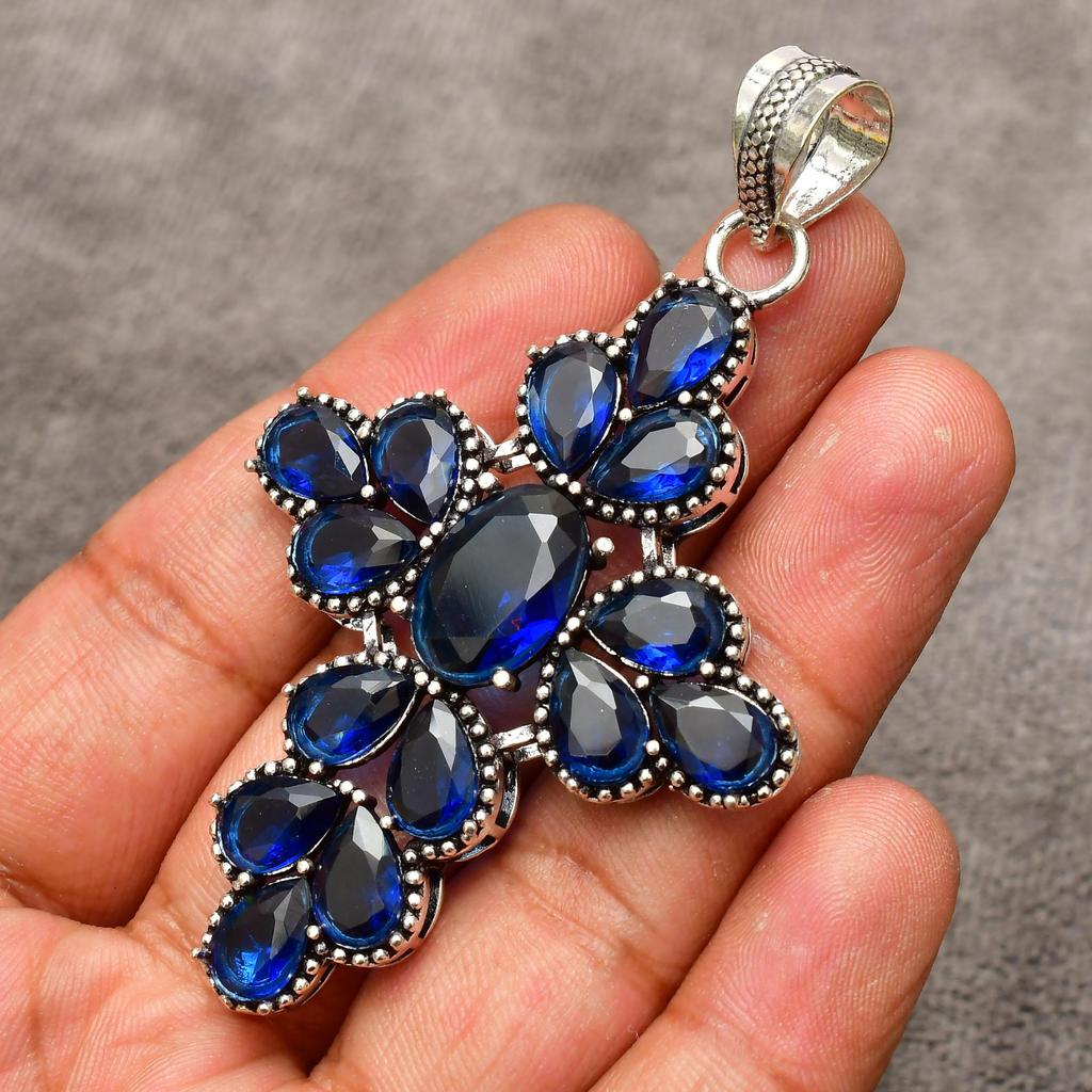 Blue Sapphire Gemstone Cross Shape Pendant : 925 Sterling Silver Handmade Jewelry Pendant