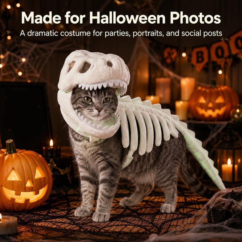 50cm Dinosaur Skeleton Glow in Dark Cat Costume Pet Clothes for Halloween Cosplay Party Dinosaur Skeleton Pet Costume