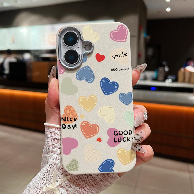 

Милый цветной чехол с принтом сердец любви, ударопрочный, мягкий, из ТПУ, тонкий чехол для телефона iPhone 16 Pro Max 15 Pro 14 13 12 11, защита линз, матовая кожаная текстура iPhone 11 белый/бежевый