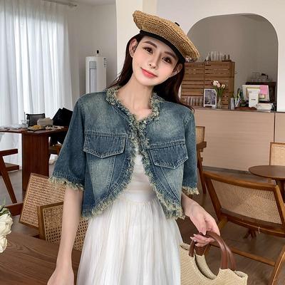 Damen Retro Hong Kong Stil Quasten Jeansjacke - Kurzarm, Raw Edge, Lockere Passform für Frühling/Sommer 2024