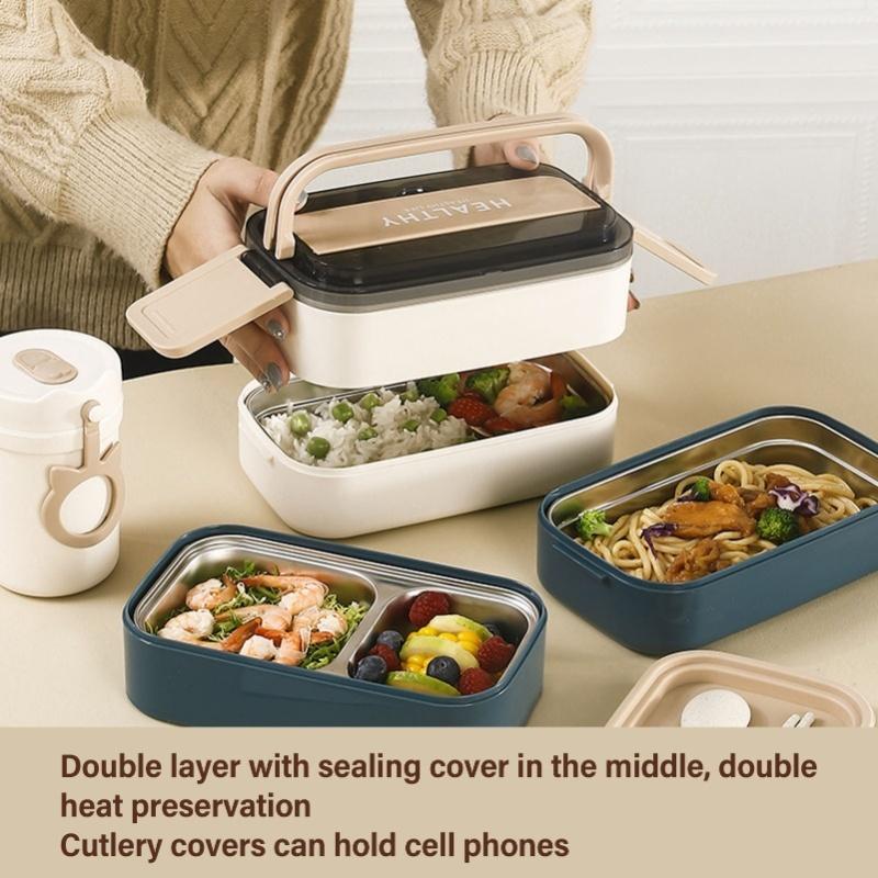 Doppelschichtige Bento-Box 316 Edelstahl Fächer Tragbare Lunchbox Mit Besteck Für Arbeit Schule Büro 1400ml Weiß
