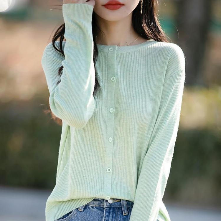 Korean Style Loose Long Sleeve Womens Cardigan Sweater Mini Coat Spring New Round Neck Knitted Outerwear