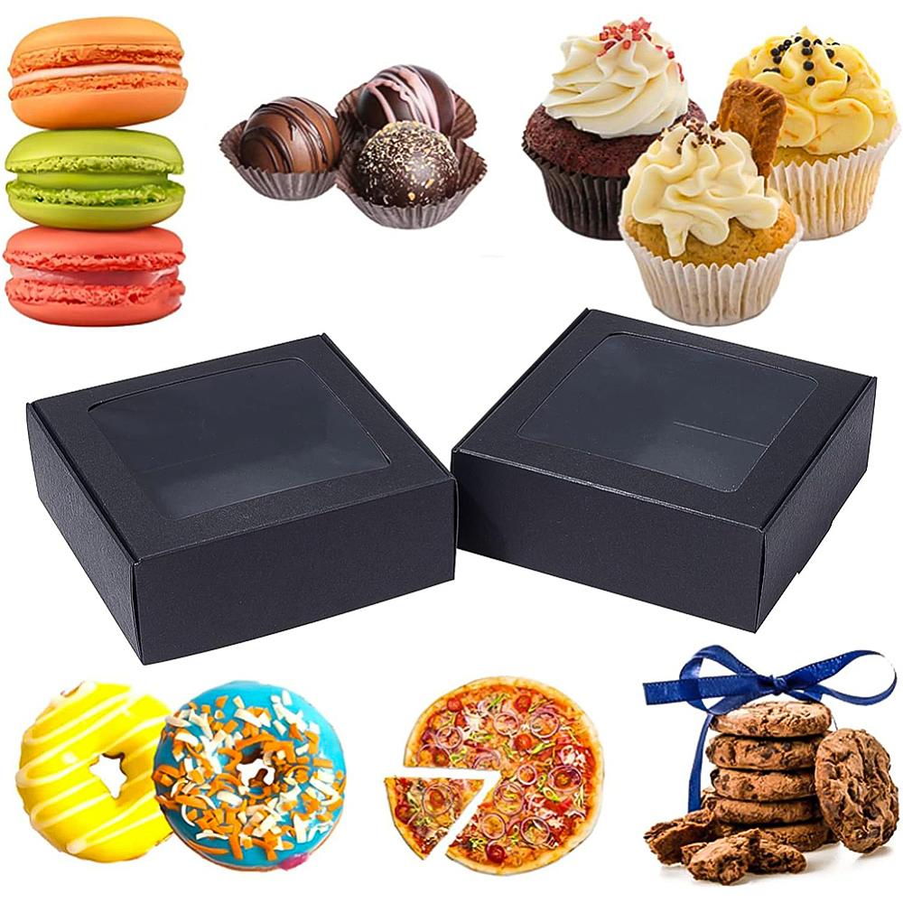 20pcs Paper Candy Boxes Bakery Box with PVC Clear Window for Party Wedding Baby Shower Square Black 9.5x9.5x3.5cm