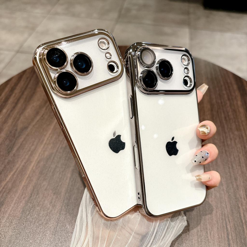 Glitter Transparent Plating Hard PC Case For iPhone 17 Air 16 15 14 13 12 11 Pro Max Plus Camera Protector Shining Back Cover