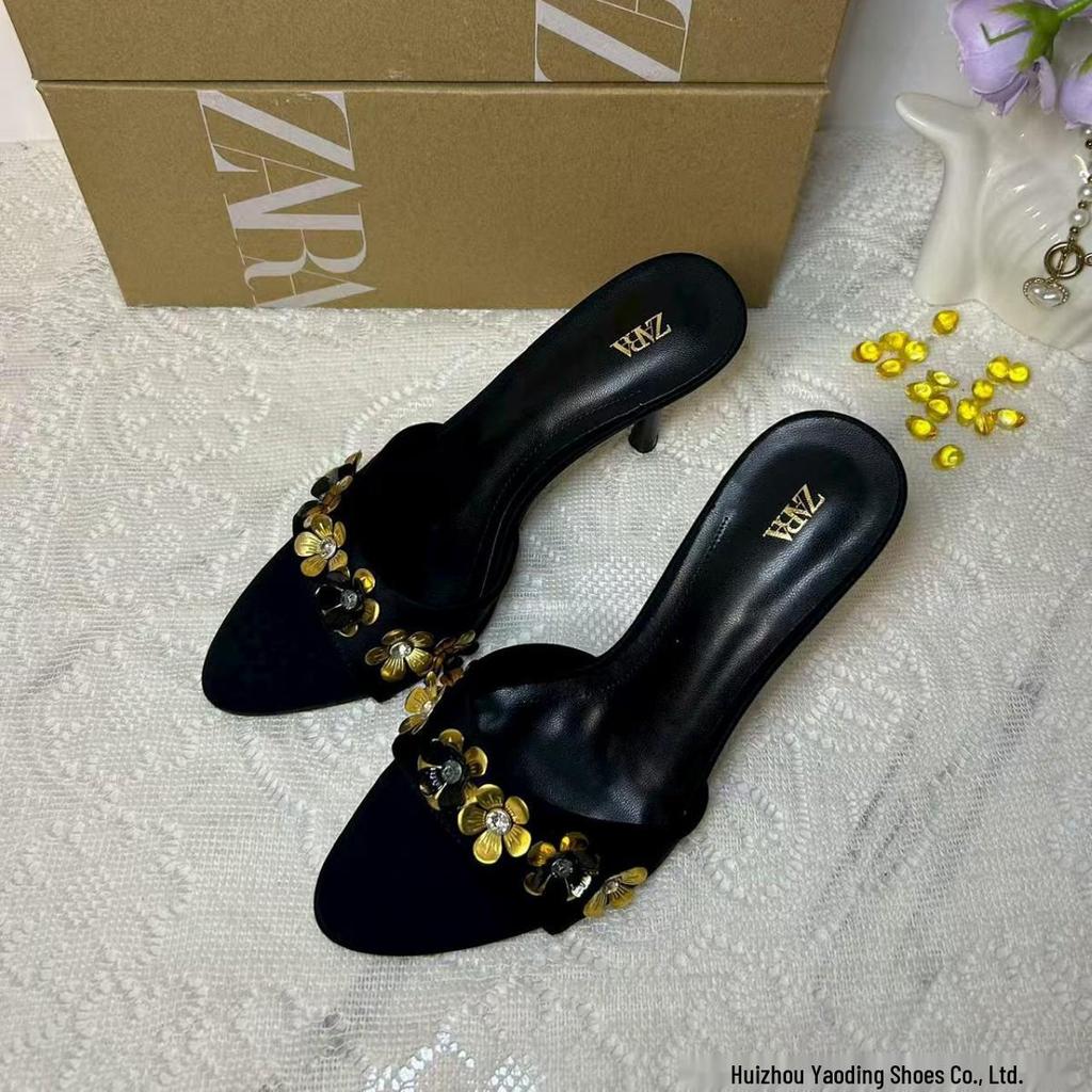 ZA2025 Black Gold Flower Embellished Round Toe Backless Stiletto Heel Sandals for Women