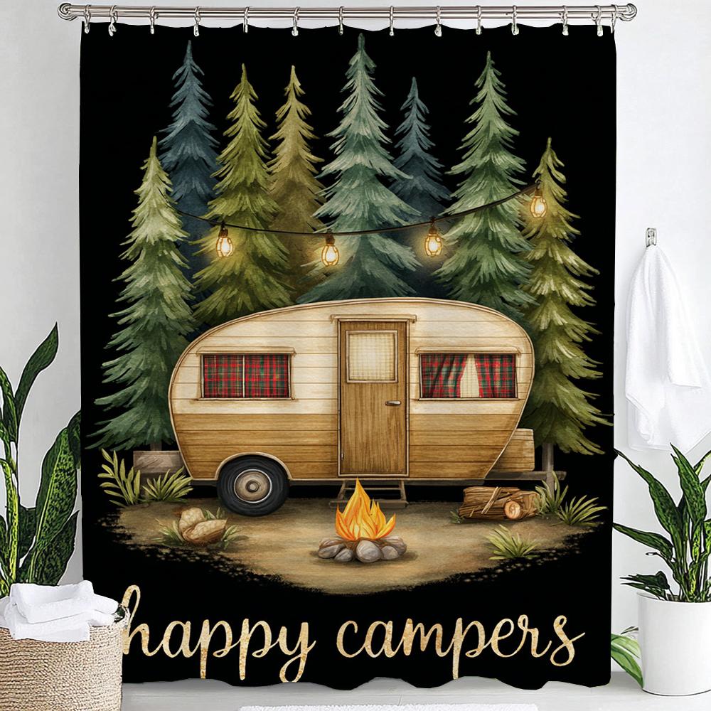 Happy Campers In Cartoon Forest Print Shower Curtain Bathroom Decoration Curtain,Hanging Curtain With Hooks Machine Washable