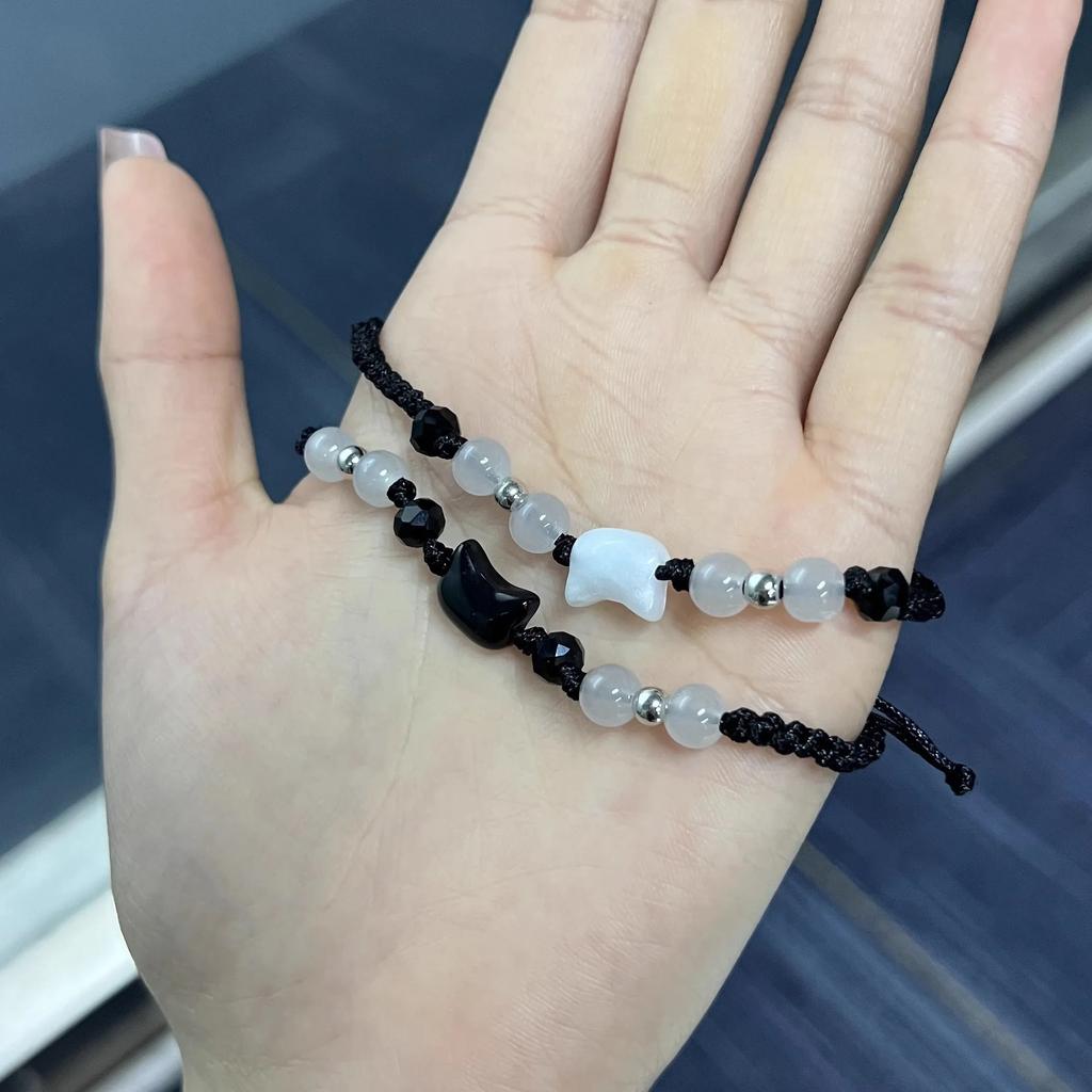 New 2pcs Natural Moonstone Obsidian Rabbit Cat Couple Bracelets for Women Men Charm Cats Bracelets Fashion Jewelry Friends Gifts
