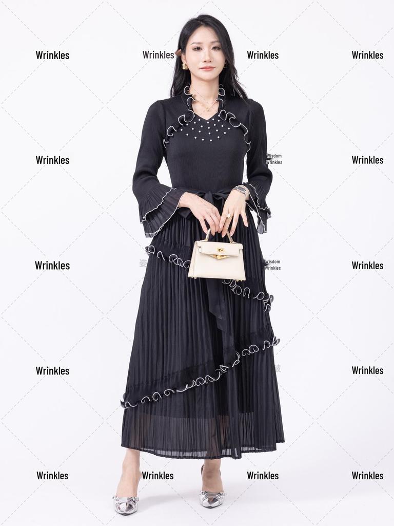 Miyake Pleats Maxi Dress: Light Luxury Ruffle Design, African Style Women's Clothing