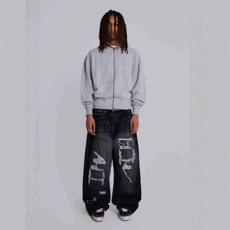 Mens Streetwear Distressed Ripped Denim Jeans With Metal Studs Loose Fit Straight Leg Cotton Blend