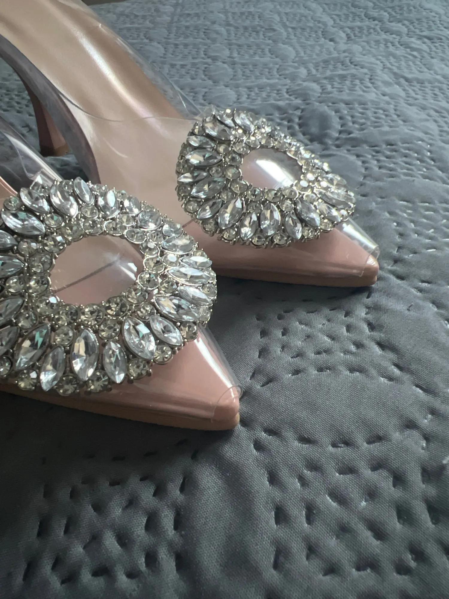 2024 Женские босоножки Бежевые квадратные пуговицы Стразы Декоративные прозрачные туфли — фото 5