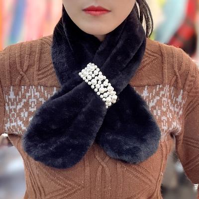 Winter Warm Scarf Imitation Rabbit Hair Pearl Buckle Hair Scarf Solid Color Versatile Plush Cute Tide