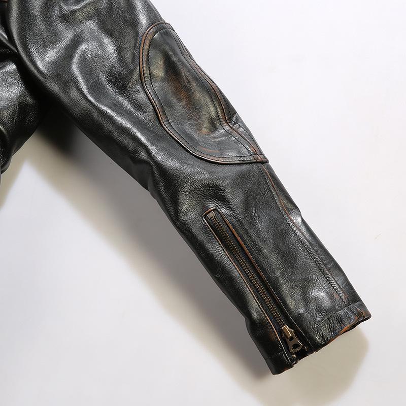 Chaqueta de moto de cuero caqui para hombre - Estilo Venom, cuello alto, piel de vaca