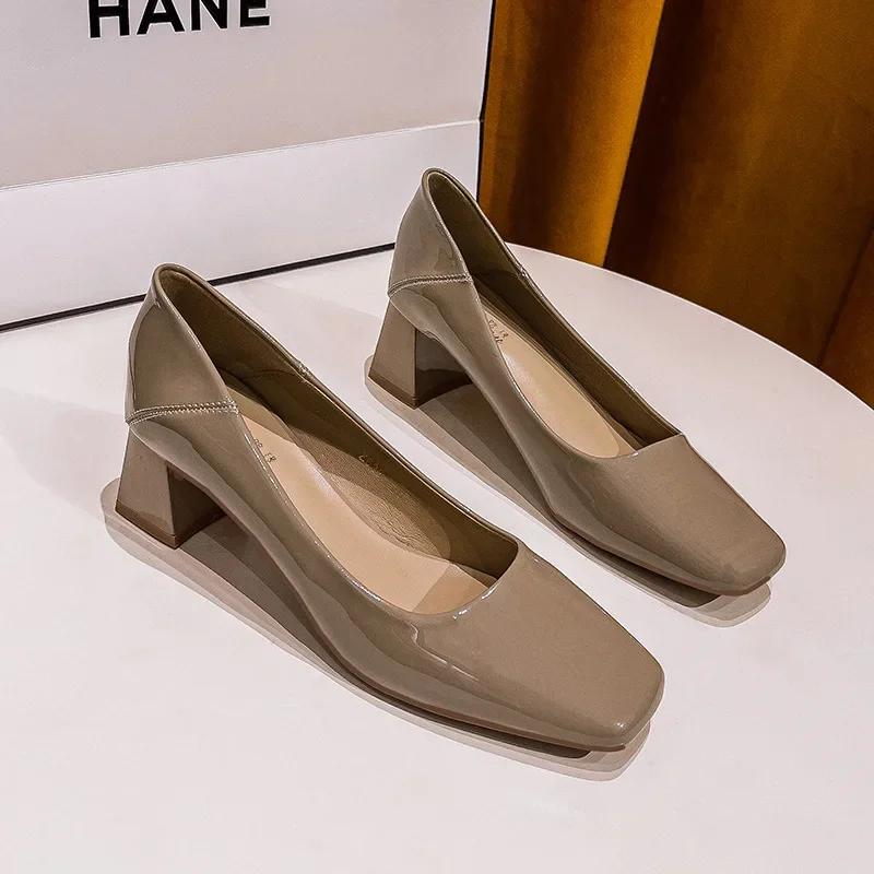 Fashion Thick Heel Square Head Patent Leather Single Shoes 2024 Spring Autumn Medium Heel Black High Heels Commuter Women's Shoes
