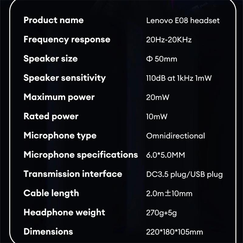 Lenovo E08 Esports Gaming Headset for PC Laptops 7.1 Surround Sound Wired Headphones Low Game Latency Earburds Gift