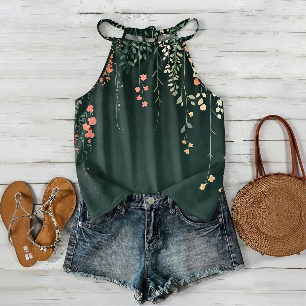 Boho Blumenmuster Ärmelloses Tanktop Leichte Sommer-Freizeitbluse Lockere Passform mit Verstellbaren Trägern für Damen