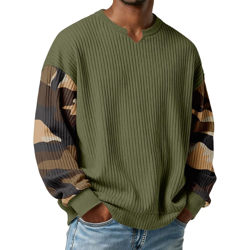 Herren Camouflage Stilvolles V-Ausschnitt Geripptes Strukturiertes Langarm-T-Shirt