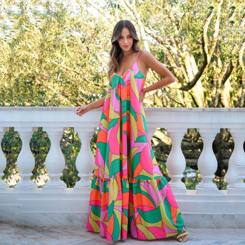 New spring and suer women s deep V backless dress Bohemian floral suspender long skirt S