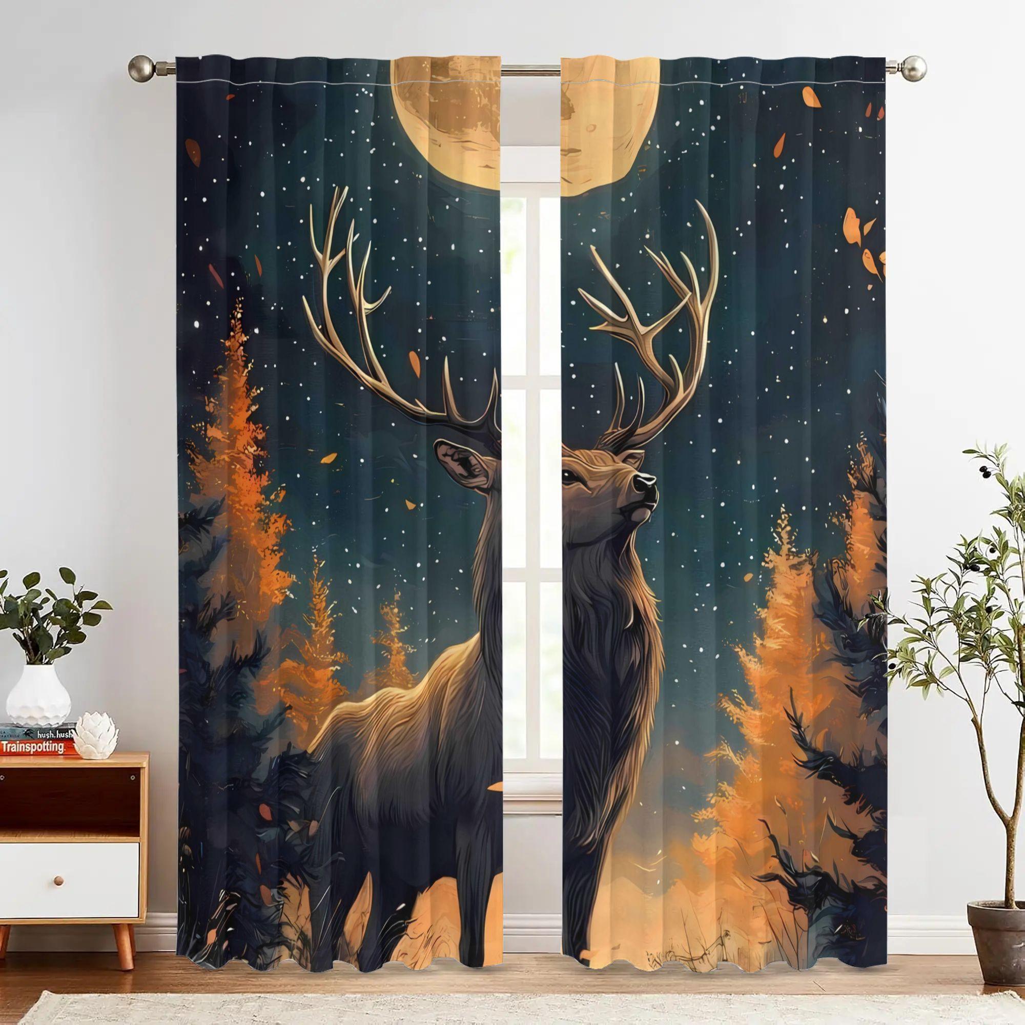 

Deer Curtain - Vintage Blackout Curtains with Majestic Deer & Starry Night Forest Design Polyester Machine Washabl 100*130 HOOK 1pcs