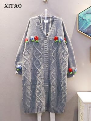 Fashion Knitting Sweater Cardigan Loose Simplicity Long Contrast Color Three-dimensional Flowers Splicing Decorate ZY8138