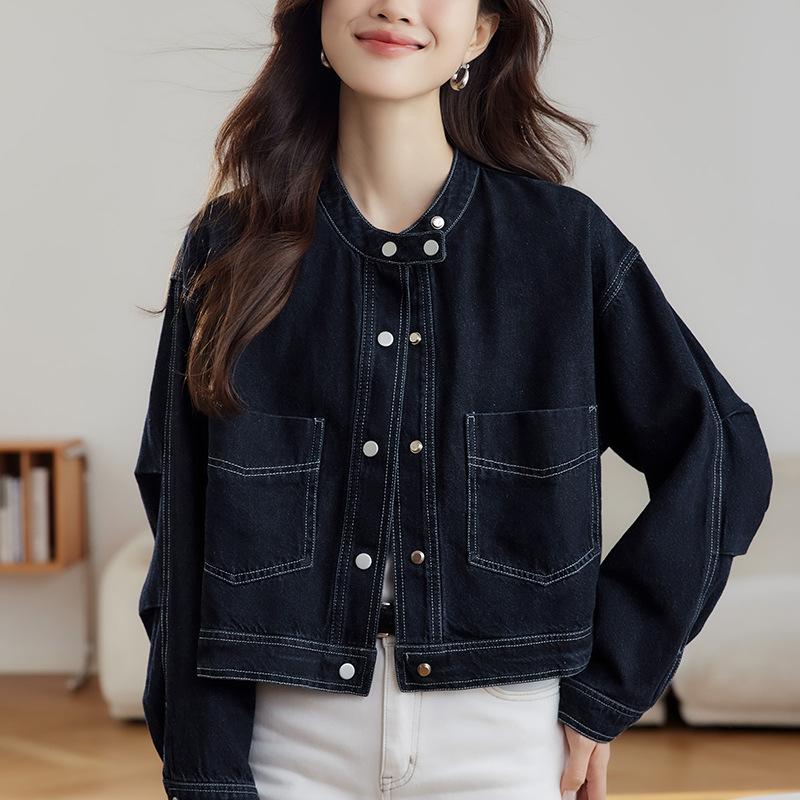 Round Neck Denim Short Jacket for Women Long Sleeve Spring and Autumn Clothes New Small Design Top