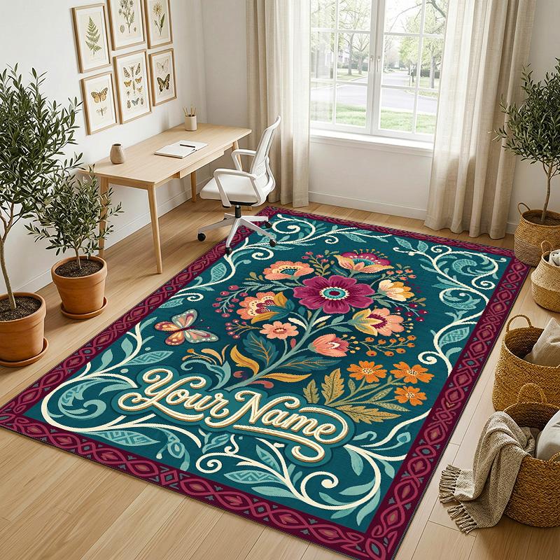Floral Art Card Theme Soft Crystal Velvet Rug Custom Name & Text Print Non Slip Floor Rug for Bedroom Living Room