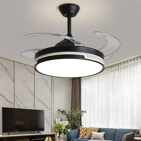 

Bluetooth LED Ceiling Fan with Retractable Blades and Integrated Light for Living, Dining, or Bedroom. Black 42 Inch