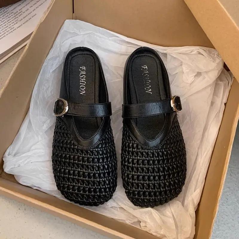 

Half Slippers Summer Shoes Mesh Breathable and Comfortable Flat Bottom Weaving Hollow Out Boken Slippers Fashion 40EU/CN41 чорний
