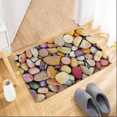 Pebble Stone Texture Door Mat Realistic River Rock Non-Slip Absorbent Entrance Rug Nature Green Leaf Decor Carpet