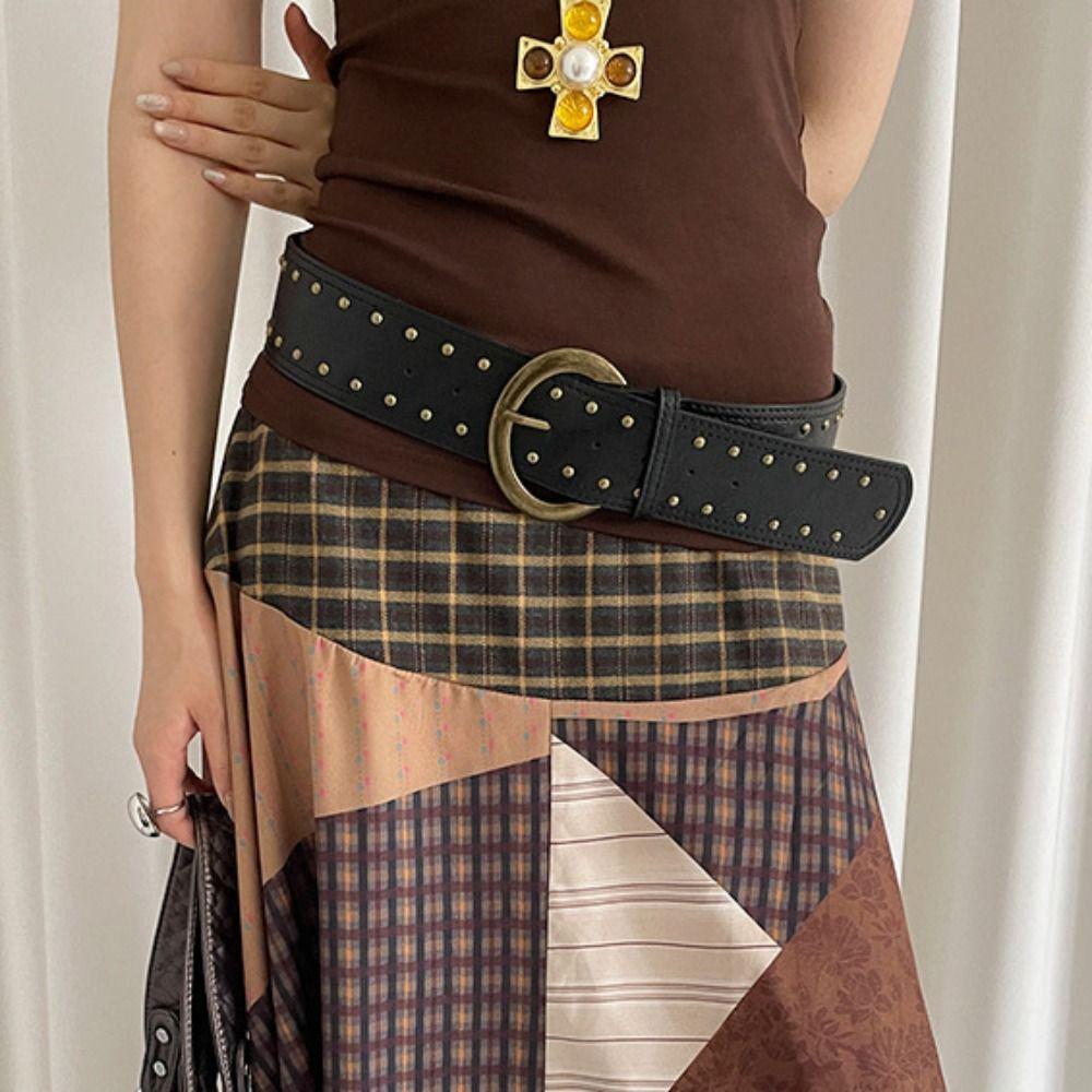 Suede Leather Waistband Rivet Western Cowboy Belt Adjustable Women Wide Belt Pants Accessories