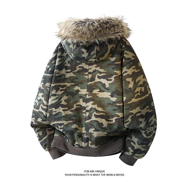 Giacca da Uomo Camouflage Trendy Americana 2025 con Cappuccio e Collo in Pelliccia di Aquila di Montagna - Capospalla Spesso Retro High Street