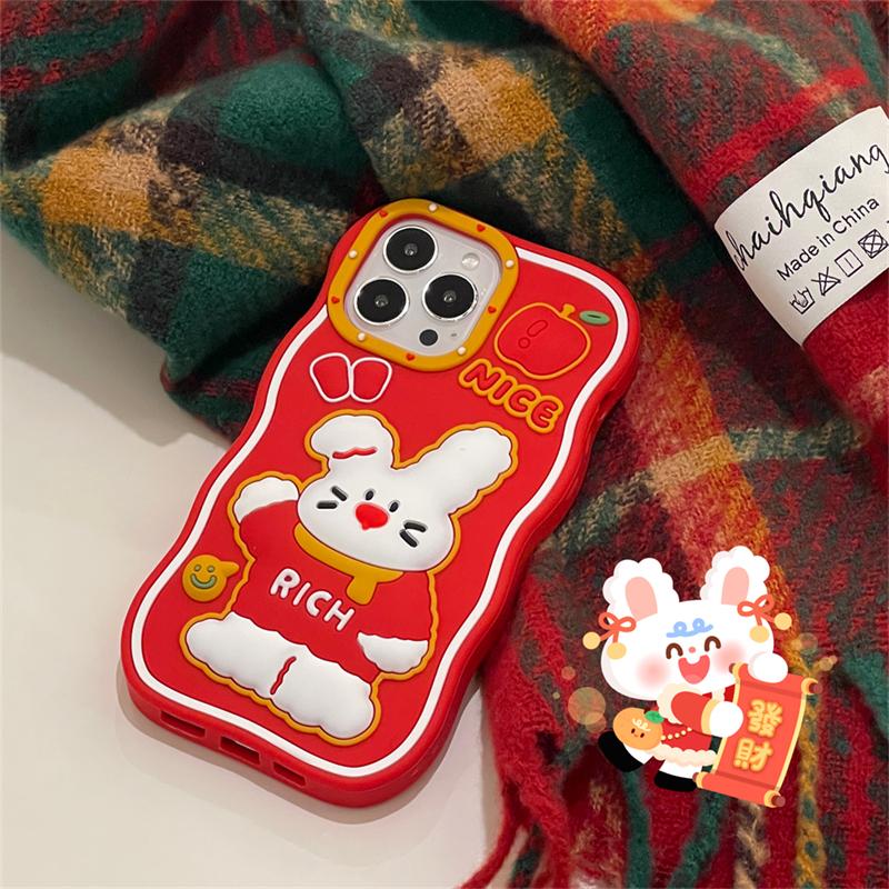 Ins Korean Cute New Year Rabbit Red Phone Case For Iphone 14 13 12 11 Pro Max Lovely Bunny Silicone Shockproof Soft Cover Funda