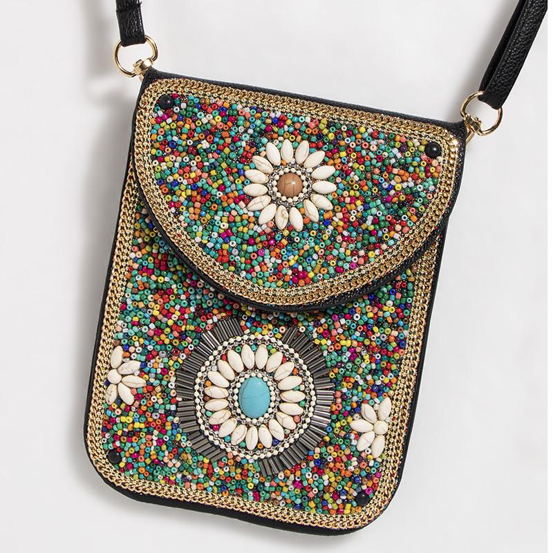 Bohemian Style Pu Flower Embellished Shoulder Bag With Magnet Closure For Daily Use