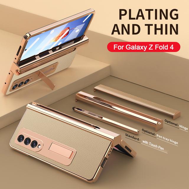 2 Pcs Hinge Capa For Samsung Z Fold 4 5g Case Plating Touch Pen Slot Front Screen Glass Stand For Galaxy Z Fold 4 Fold4 Cover