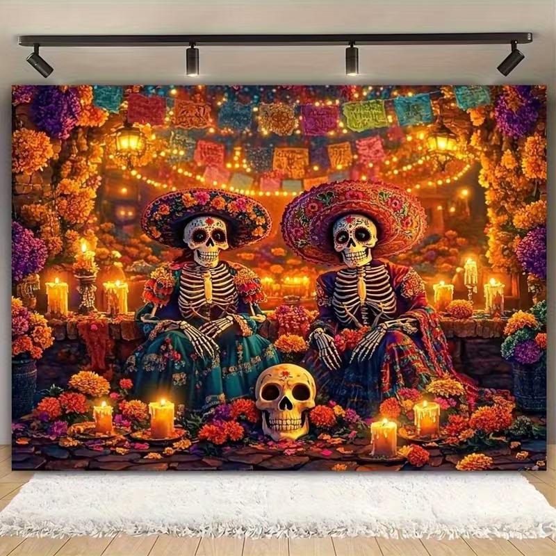 2D Dia de los Muertos Skeleton Backdrop with Colorful Papel Picado 47.2x31.5inch/120*80cm