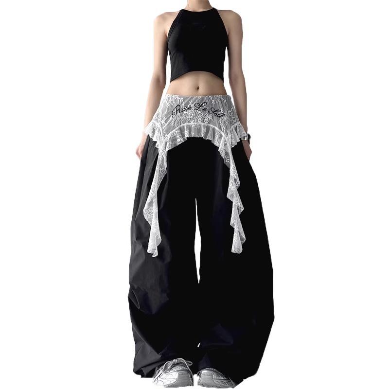 New Spring and Summer Fashion Versatile Lace Splicing Loose Casual Fake Two-piece Wide-leg Tooling Trousers Women's Tide