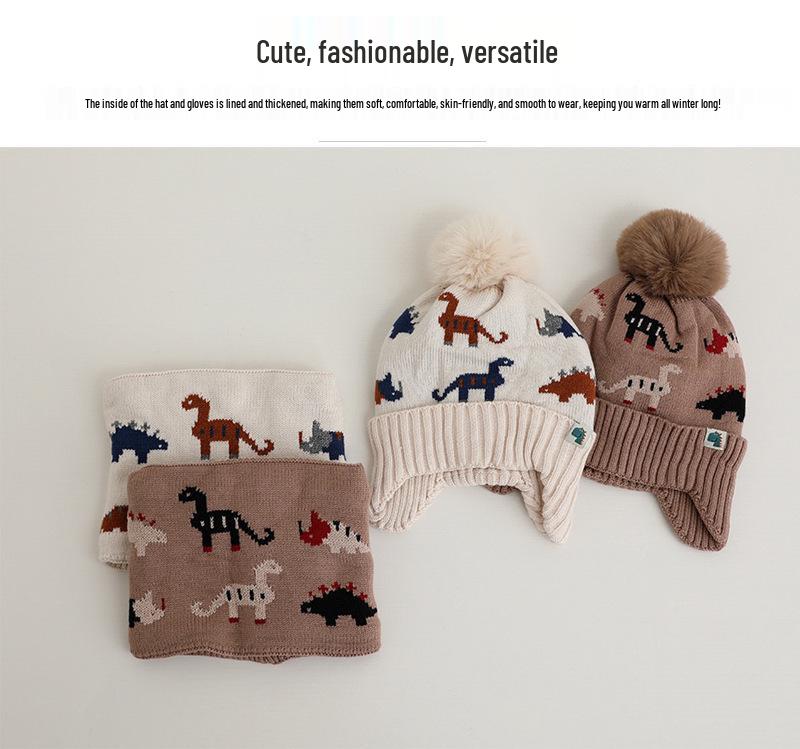 Kids' Wool Dinosaur Winter Hat & Scarf Set with Ear Protection - Plush, Warm Knit for Boys & Girls