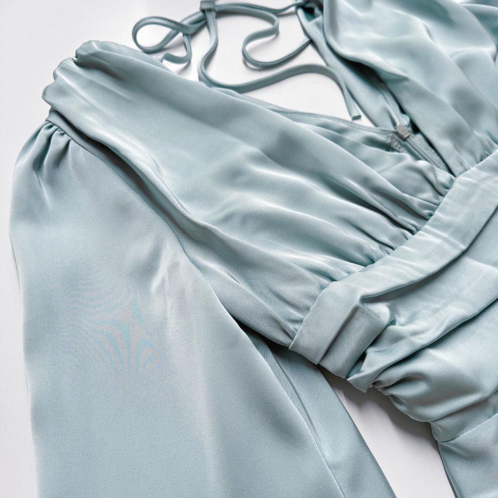 European & American Party Satin Bell Sleeve V-neck Waist-Cinching Short Dress