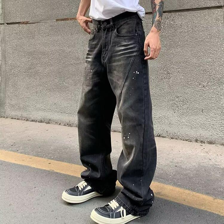 American Retro Washed Old Black Jeans Men's and Women's Trendy High Street Ink Splashing Loose Straight Casual Pants
