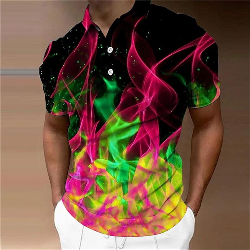 3D Print Colorful Flame Graphic Men Short Sleeve Tops New Outdoor Streetwear Men Clothing