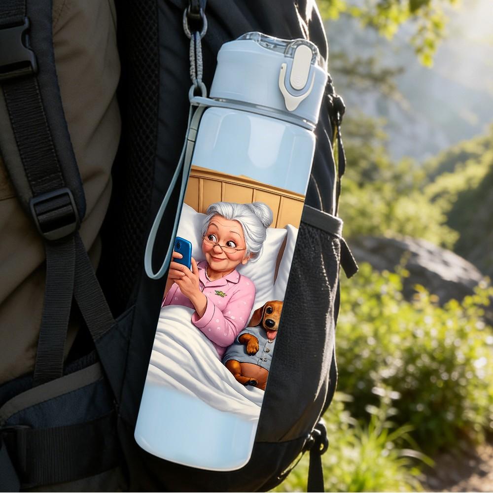 1PC Elderly Couple Warm Pillow Art Print 750ml Color Plastic Sports Water Bottle Leakproof Flip Straw Lid Suitable for Sports Office Home Use