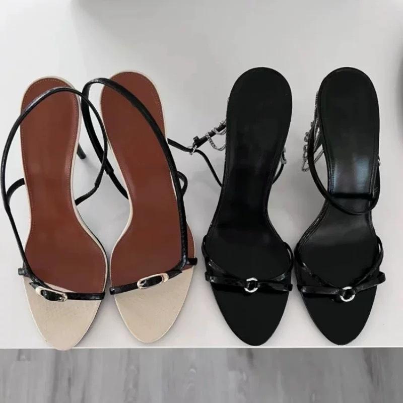 Spot! European and American Simple Temperament with Open-toed High Heels 2025 Summer One-pedal Color Matching Strap Sandals