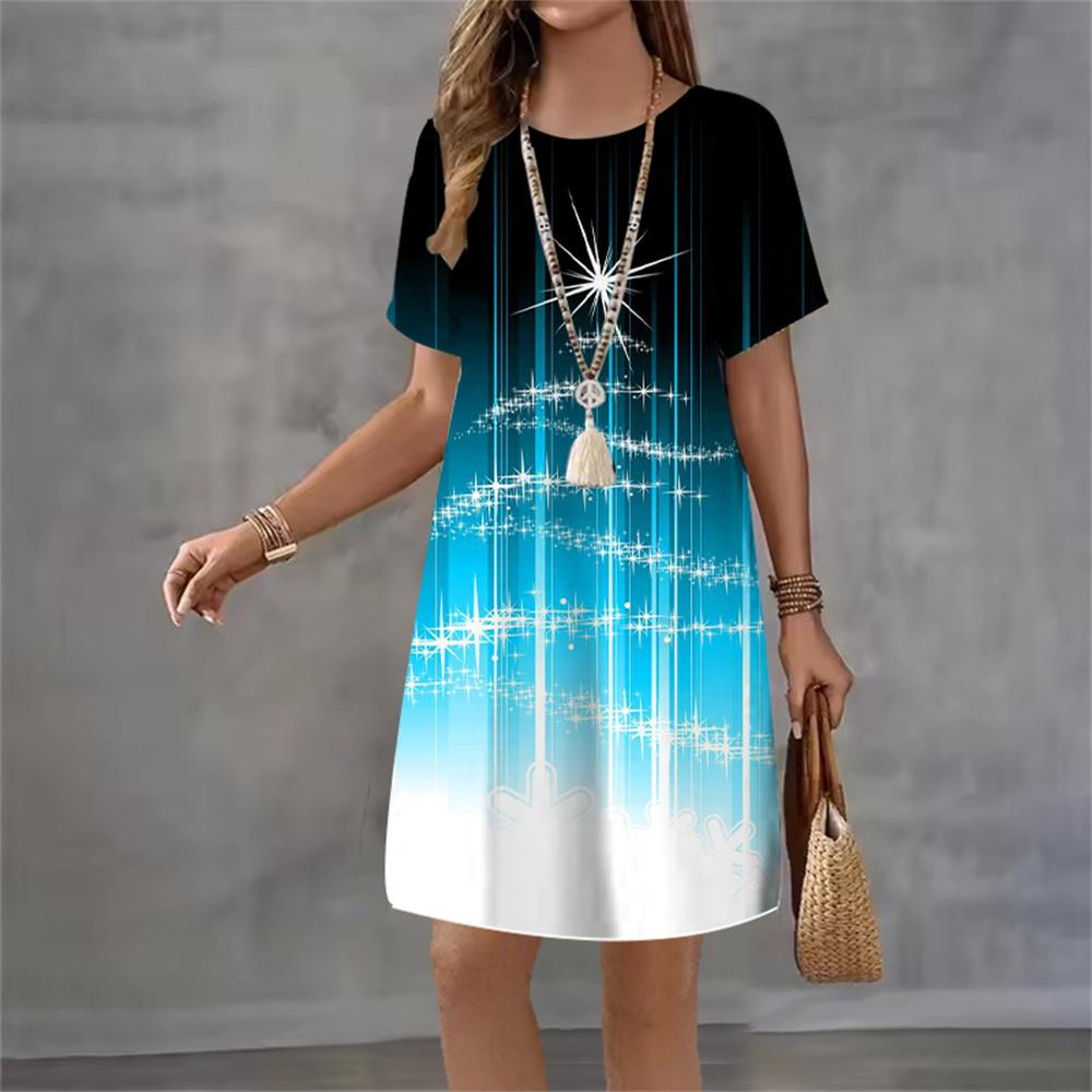 Christmas Tree Party Dresses For Women 2026 Fashion X-Mas Snowflake Patter Loose Short Sleeve Dress Casual Summer 3D Print Dress